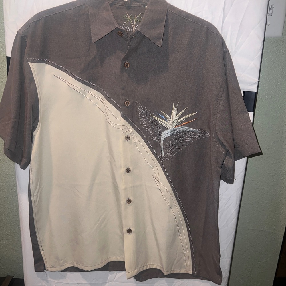 Bamboo Cay Mens Bird of Paradise Embroidered Button Down Shirt Grey Cream XL